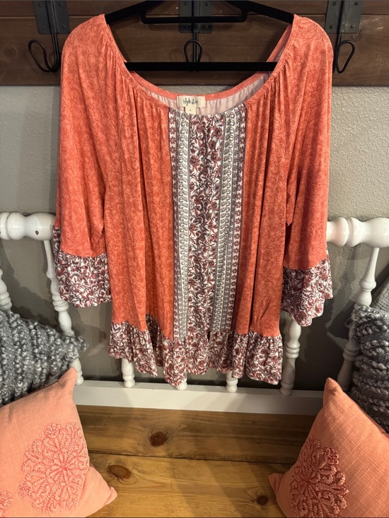 Style & Co. Tops - Style & Co. Coral Peasant Tunic with Floral Inset